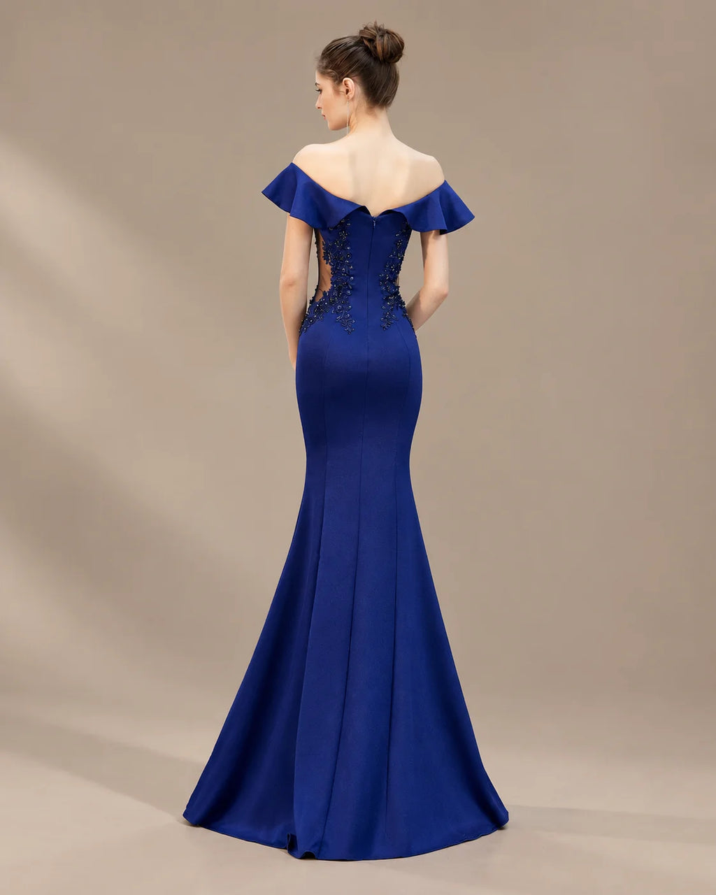 Off-Shoulder Ruffle Sleeve Beaded Mermaid Evening Gown | Oyese