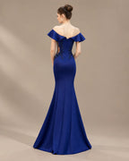 Off-Shoulder Ruffle Sleeve Beaded Mermaid Evening Gown | Oyese