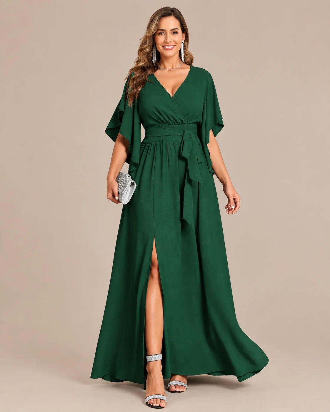 Plus Size Wrap V-Neck Flutter Sleeve Slit Maxi Dress | Oyese