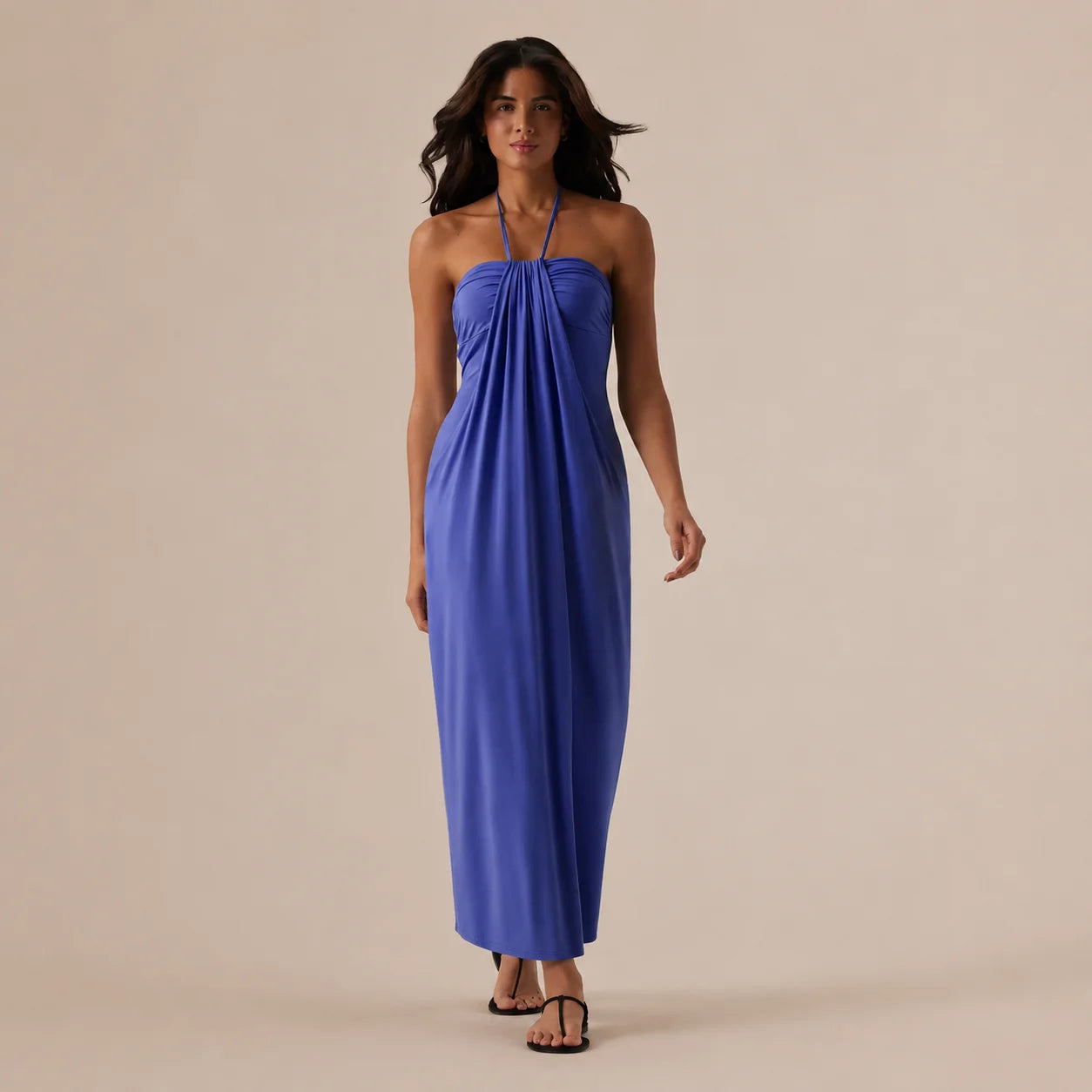 Halter Tie Gathered Maxi Dress with Pockets – Relaxed Summer Drape | Oyese