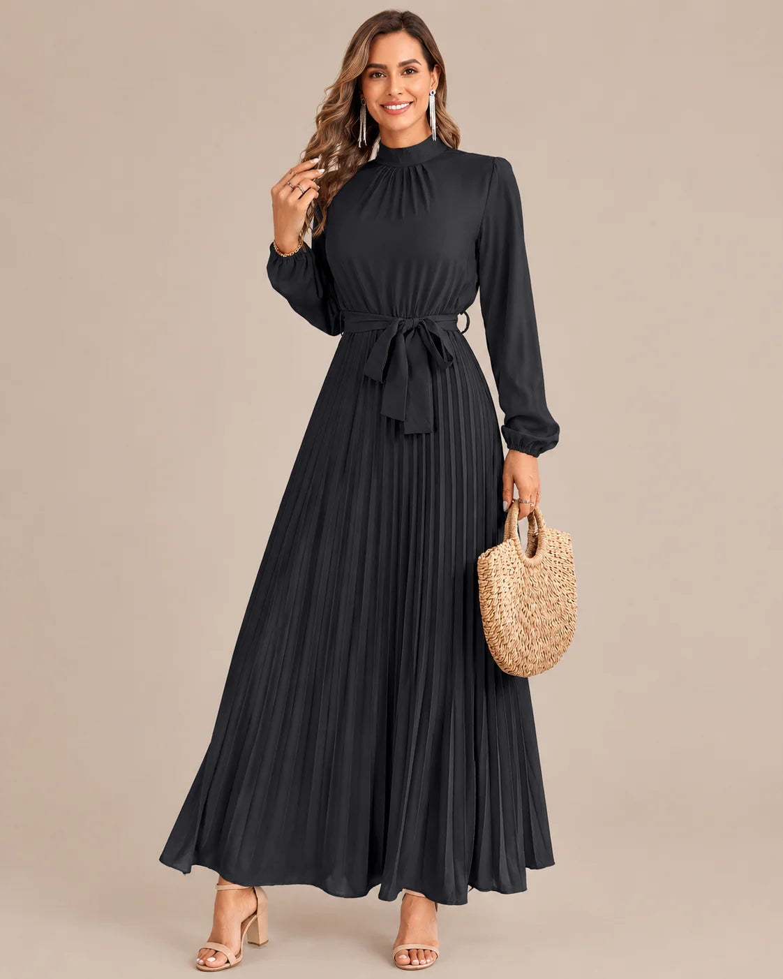 Ruffled Mock Neck Belted Pleated Midi Dress | Oyese