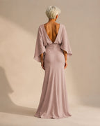 Satin Batwing Sleeve Maxi Dress with Pockets – Ruched Mermaid Evening Gown | Oyese