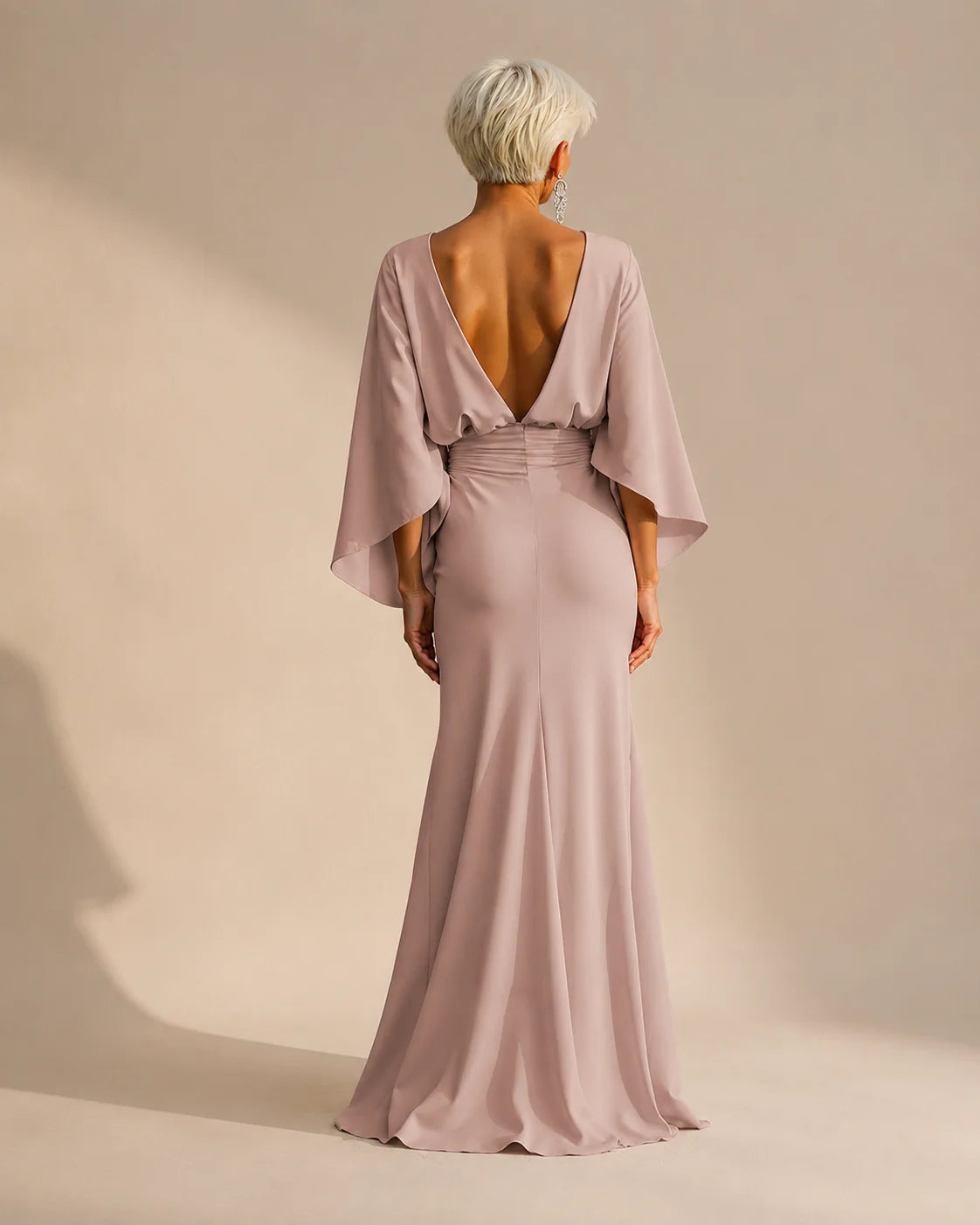 Satin Batwing Sleeve Maxi Dress with Pockets – Ruched Mermaid Evening Gown | Oyese