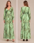 Floral V-Neck Puff Sleeve Smocked Maxi Dress | Oyese