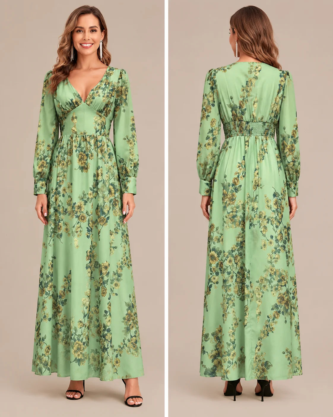 Floral V-Neck Puff Sleeve Smocked Maxi Dress | Oyese