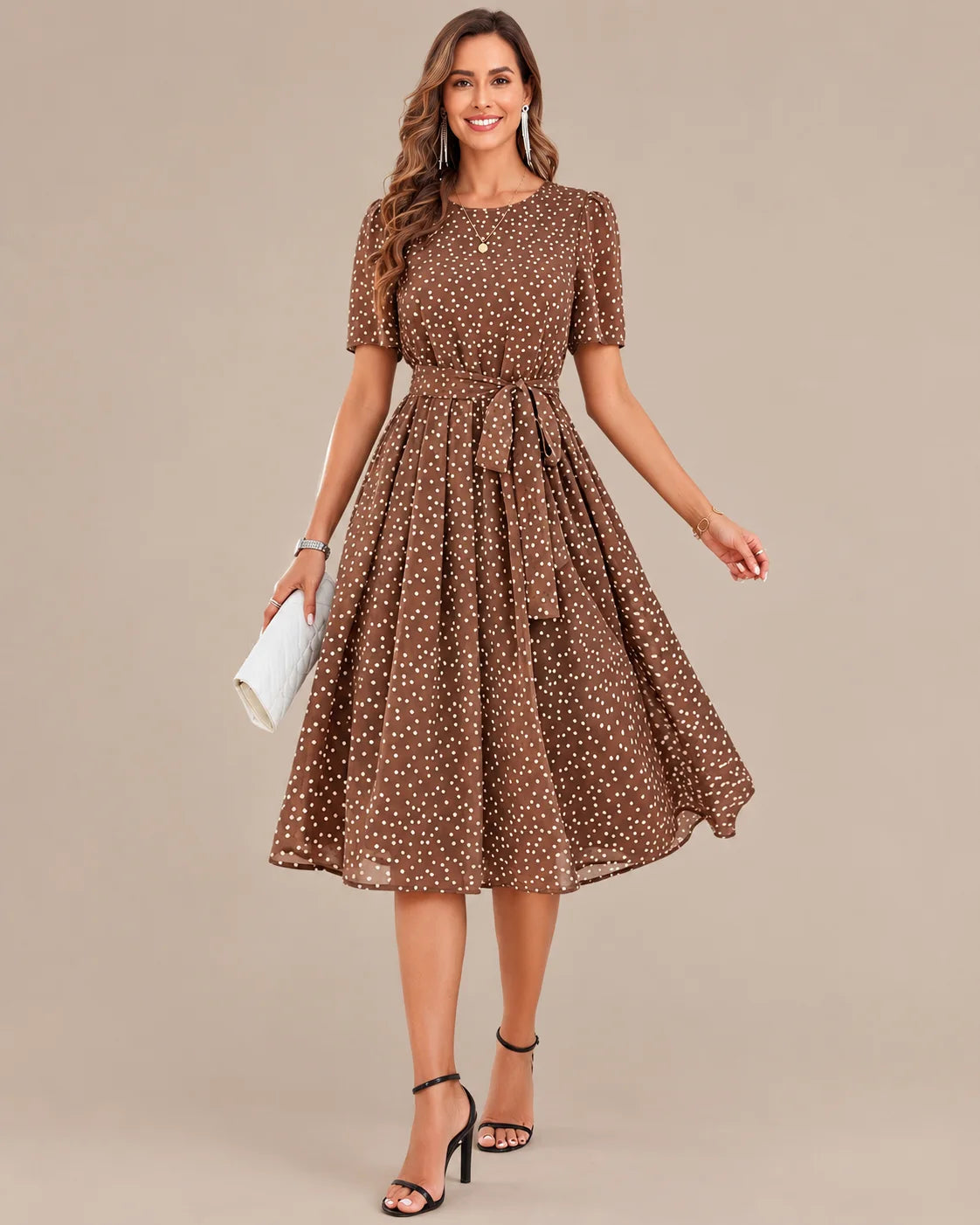 Polka Dot Tie Waist Fit-and-Flare Midi Dress | Oyese