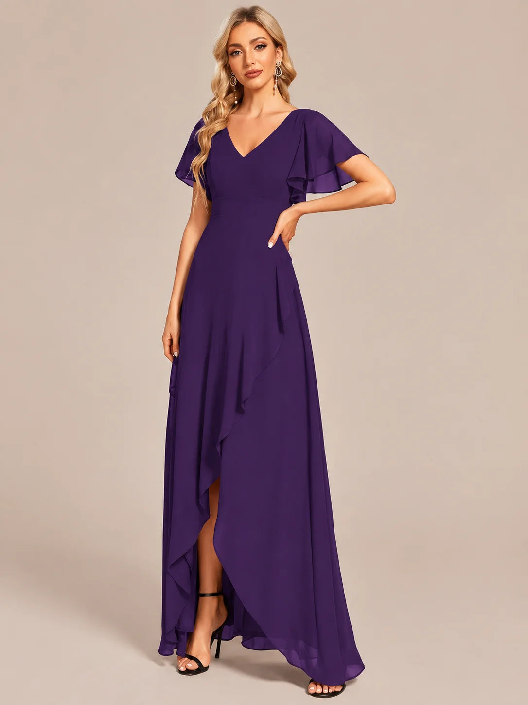 Double V-Neck Flutter Sleeve Flowy Slit Maxi Gown | Oyese