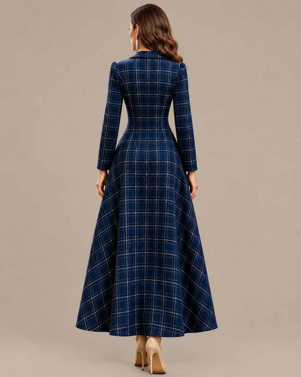 Notched Lapel Plaid Button Front A-Line Maxi Dress | Oyese