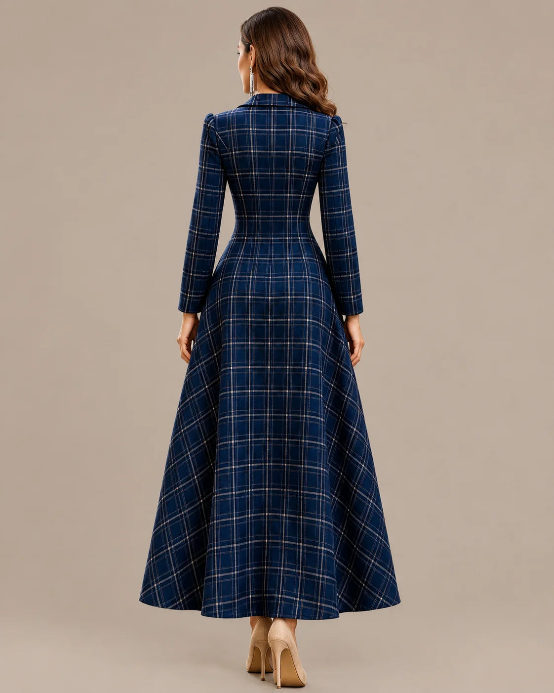 Notched Lapel Plaid Button Front A-Line Maxi Dress | Oyese