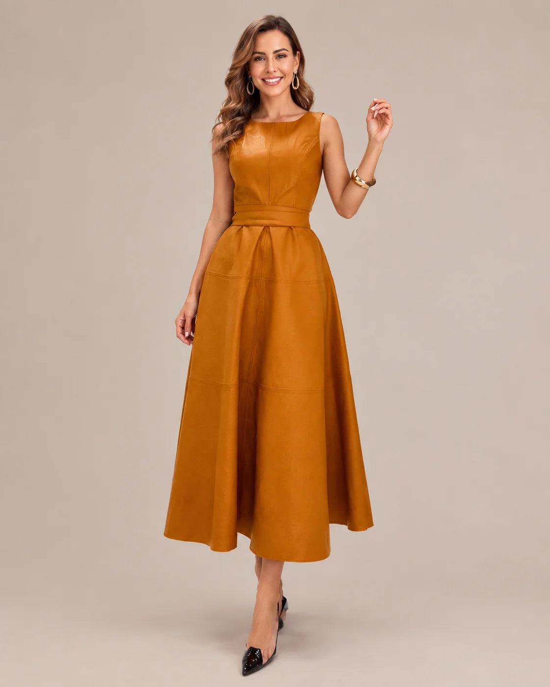 Sleeveless Faux Leather Belted A-Line Midi Dress | Oyese