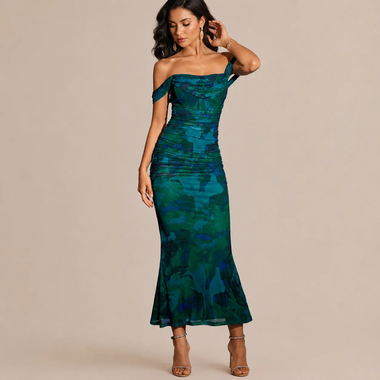 Off-Shoulder Ruched Mesh Bodycon Maxi Dress – Mermaid Evening Gown | Oyese