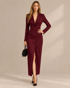 Single-Breasted Long Sleeve Fitted Longline Blazer Dress with Front Slit | Oyese