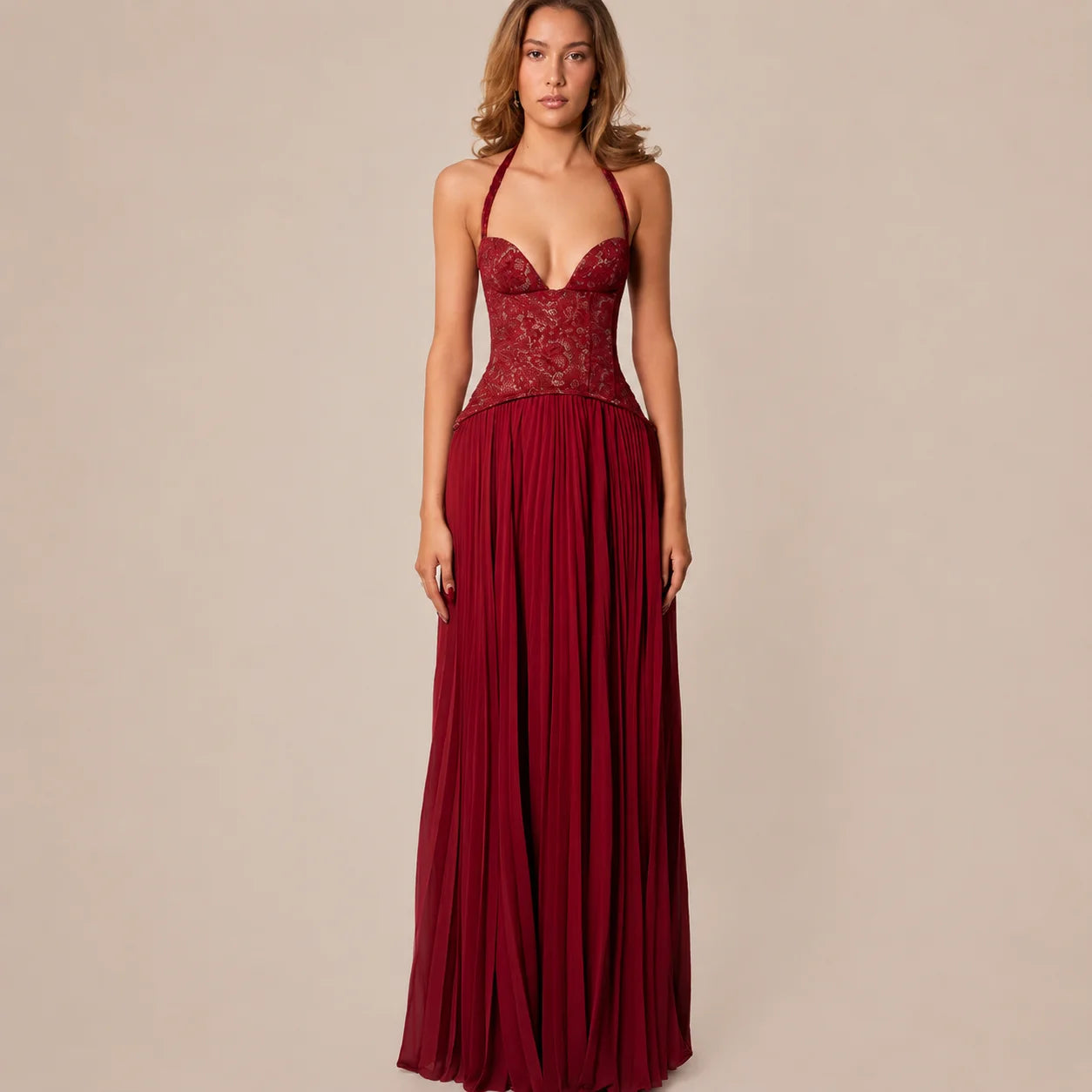 Lace Corset Halter Maxi Dress – Pleated A-Line Backless Formal Gown | Oyese