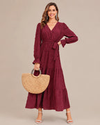 V-Neck Wrap Belted Tiered Swing Maxi Dress | Oyese