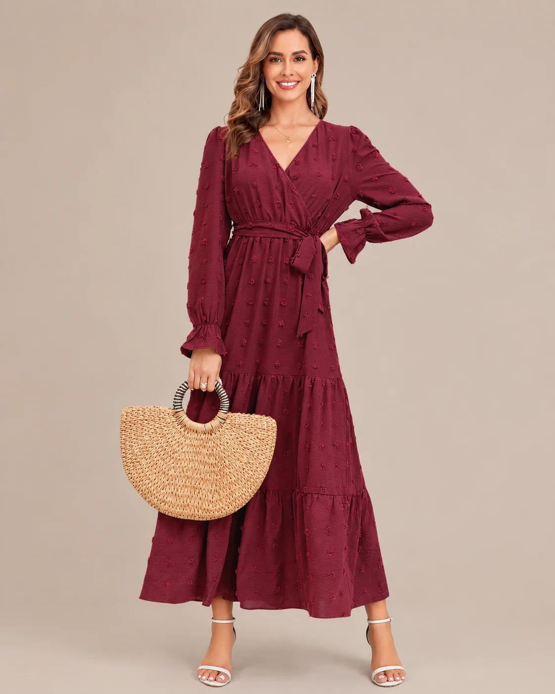 V-Neck Wrap Belted Tiered Swing Maxi Dress | Oyese