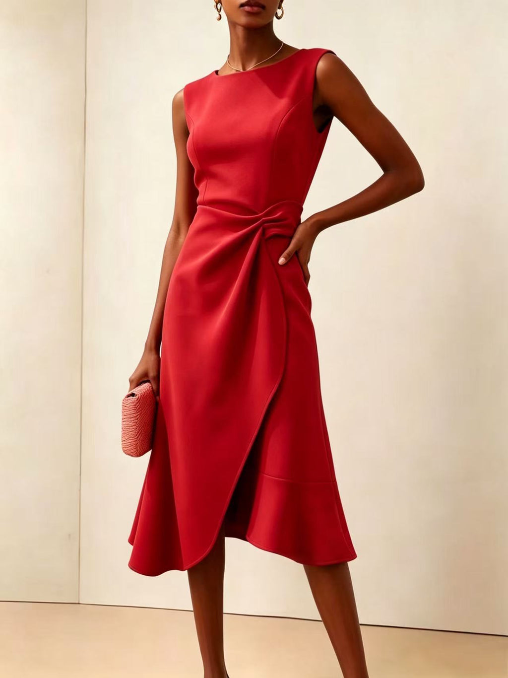 Twisted Knot Waist Midi Dress – Sleeveless Round Neck Office Dress | Oyese