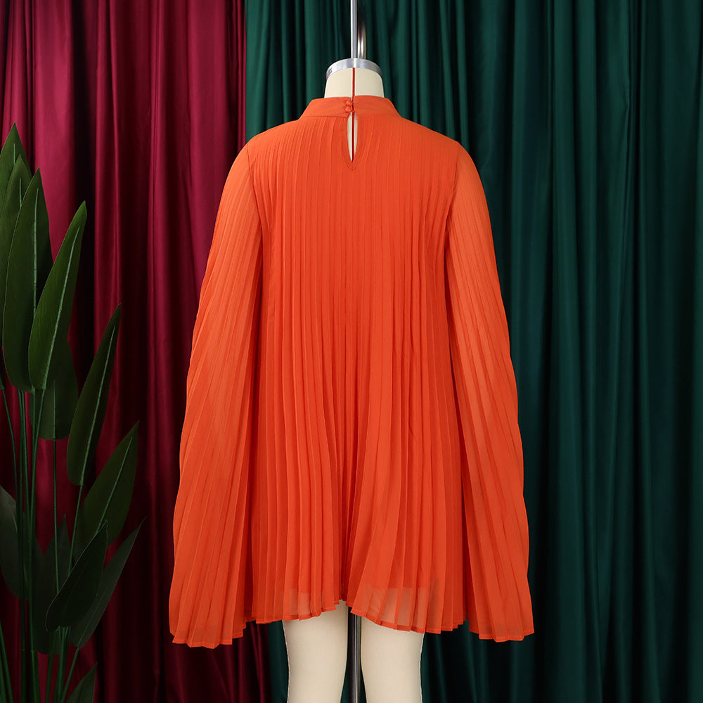 Mock Neck Pleated Chiffon Cape Shift Dress | Oyese