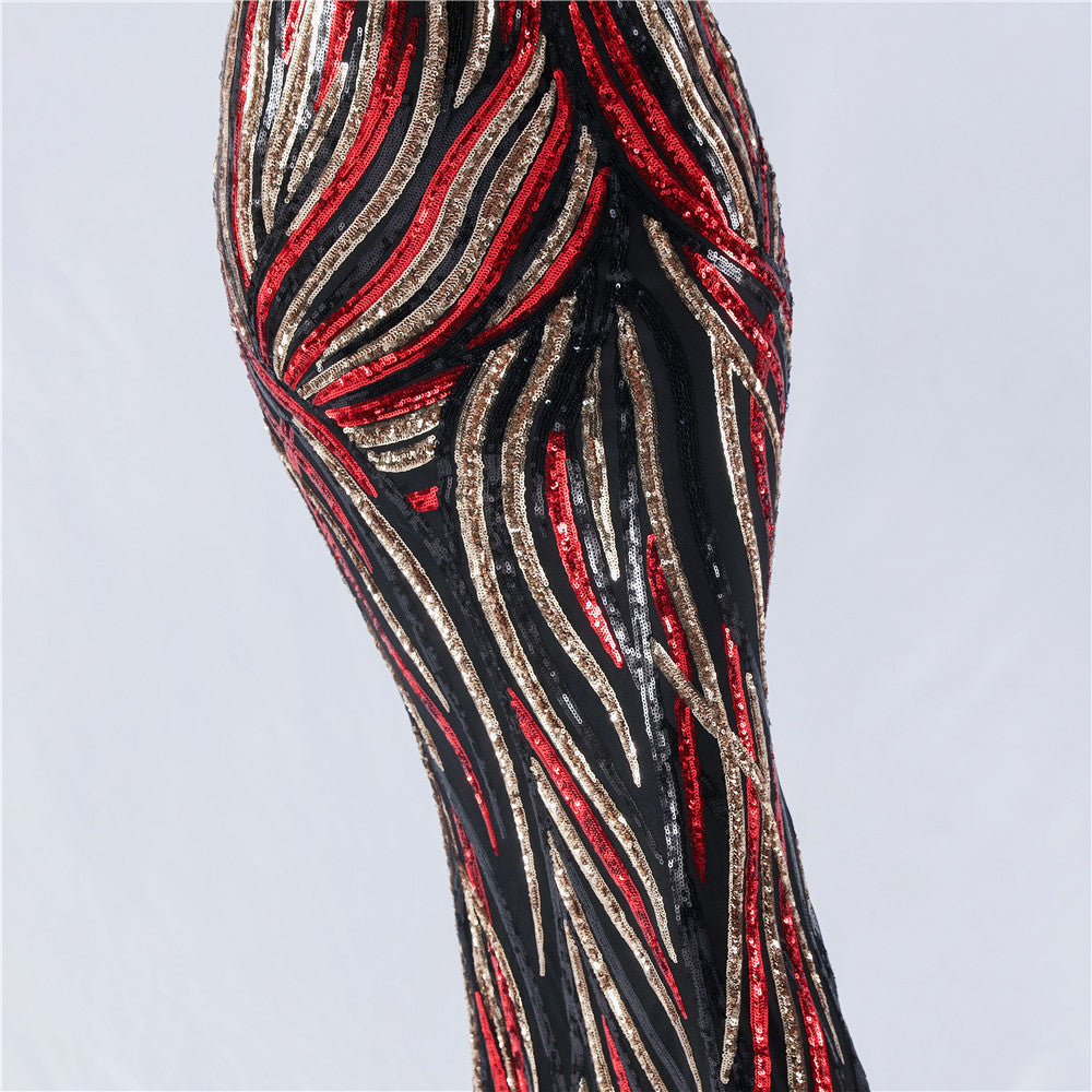 Spaghetti Strap Striped Sequin Mermaid Evening Gown | Oyese