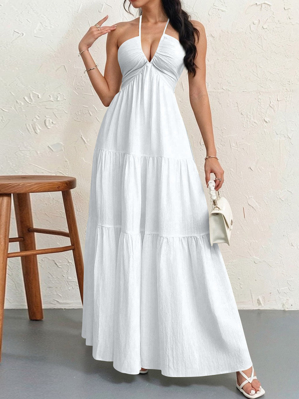 Halter Deep V-Neck Tiered Maxi Dress – Flowy Vacation Beach Dress | Oyese