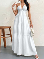 Halter Deep V-Neck Tiered Maxi Dress – Flowy Vacation Beach Dress | Oyese