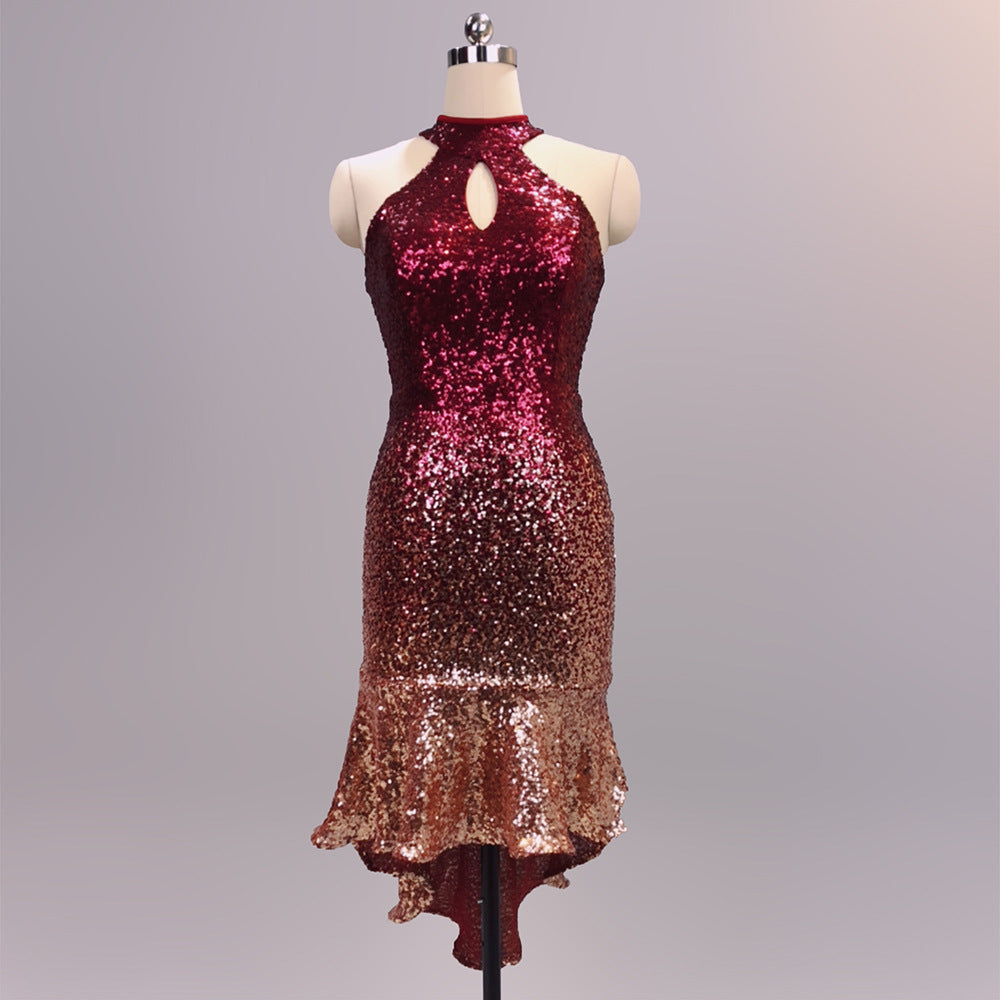 Halter Keyhole Ombre Sequin High-Low Mini Dress | Oyese