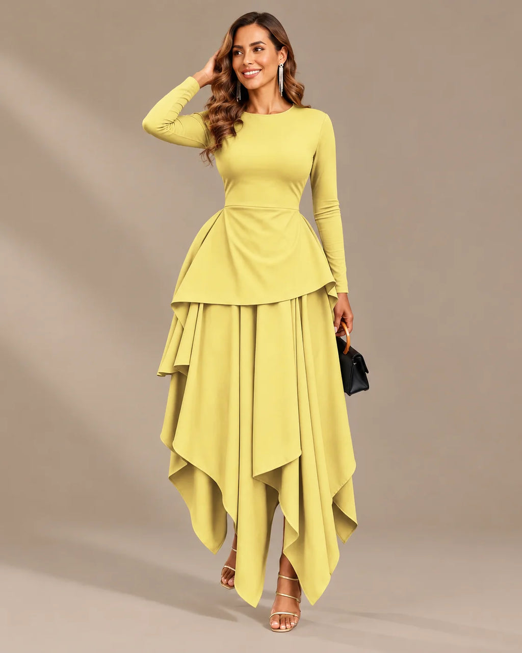 Round Neck Long Sleeve Peplum Asymmetric Tiered Maxi Dress | Oyese