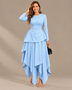 Round Neck Long Sleeve Peplum Asymmetric Tiered Maxi Dress | Oyese