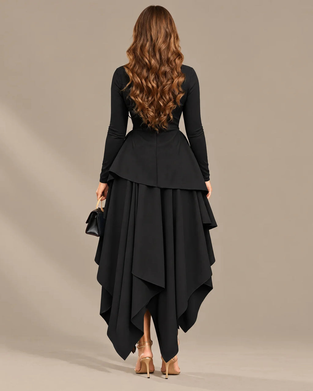 Round Neck Long Sleeve Peplum Asymmetric Tiered Maxi Dress | Oyese