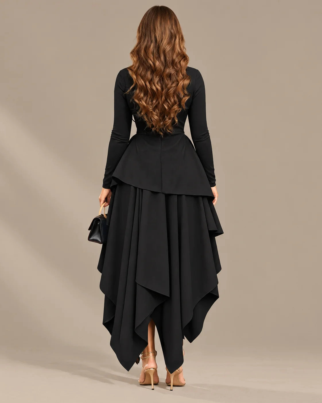 Round Neck Long Sleeve Peplum Asymmetric Tiered Maxi Dress | Oyese