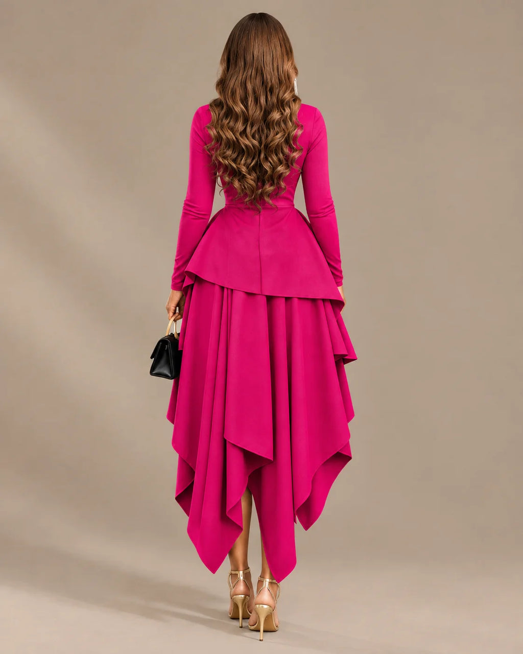 Round Neck Long Sleeve Peplum Asymmetric Tiered Maxi Dress | Oyese
