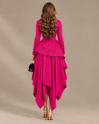 Round Neck Long Sleeve Peplum Asymmetric Tiered Maxi Dress | Oyese