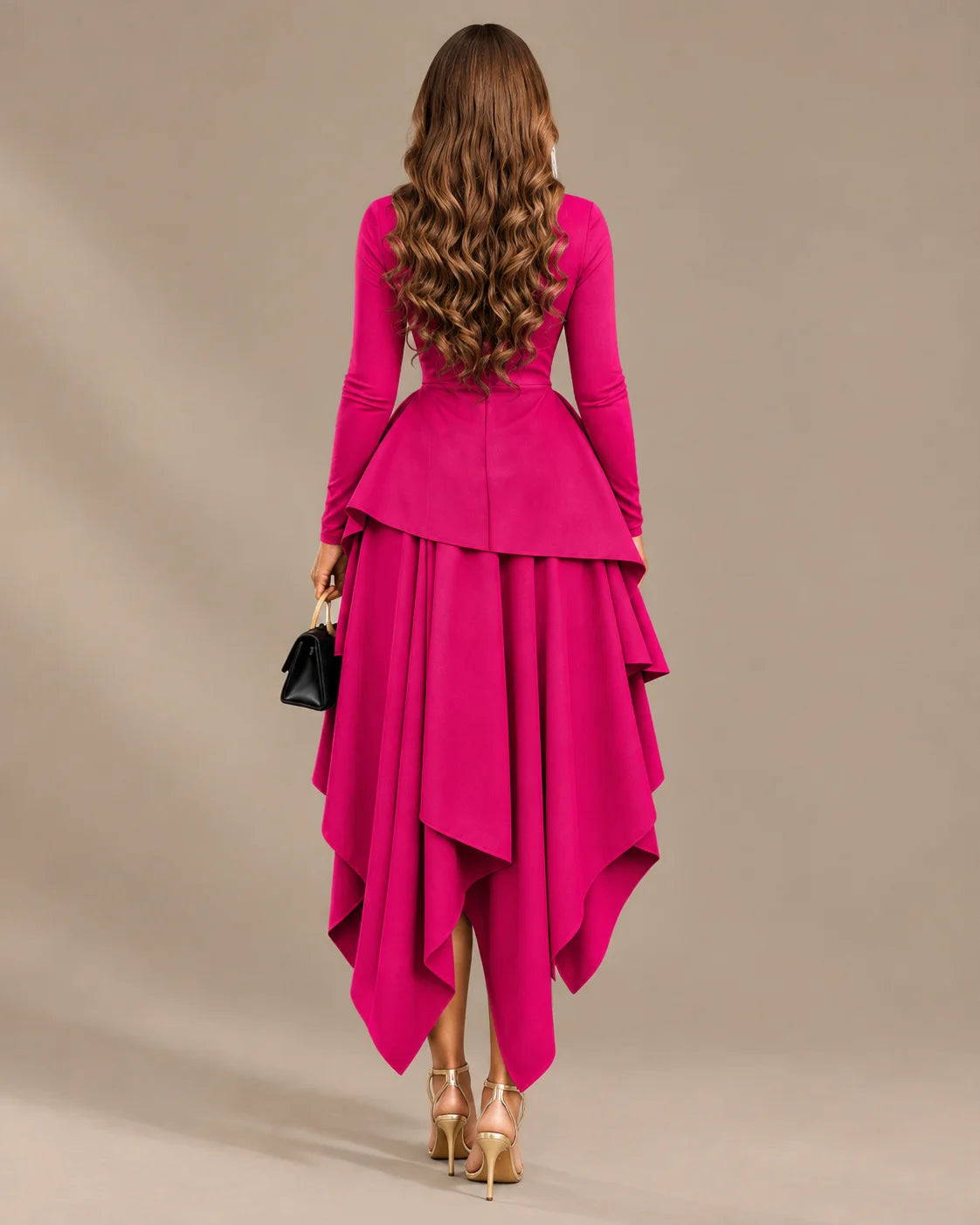 Round Neck Long Sleeve Peplum Asymmetric Tiered Maxi Dress | Oyese