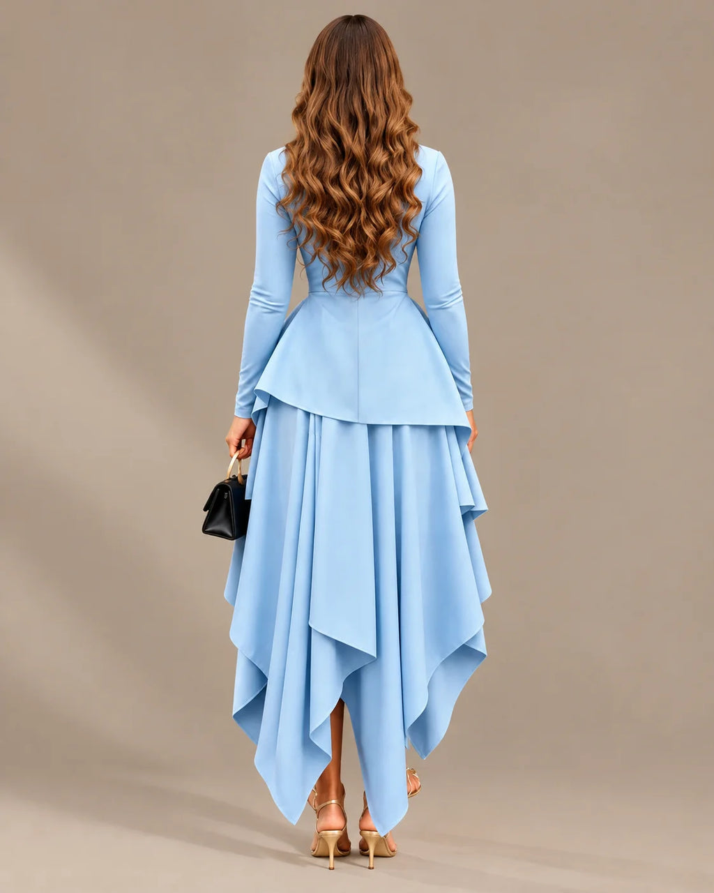 Round Neck Long Sleeve Peplum Asymmetric Tiered Maxi Dress | Oyese