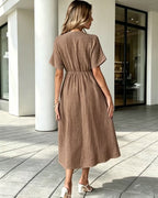 V-Neck Tie Front Relaxed Midi Dress – Short Sleeve Casual Linen-Look | Oyese
