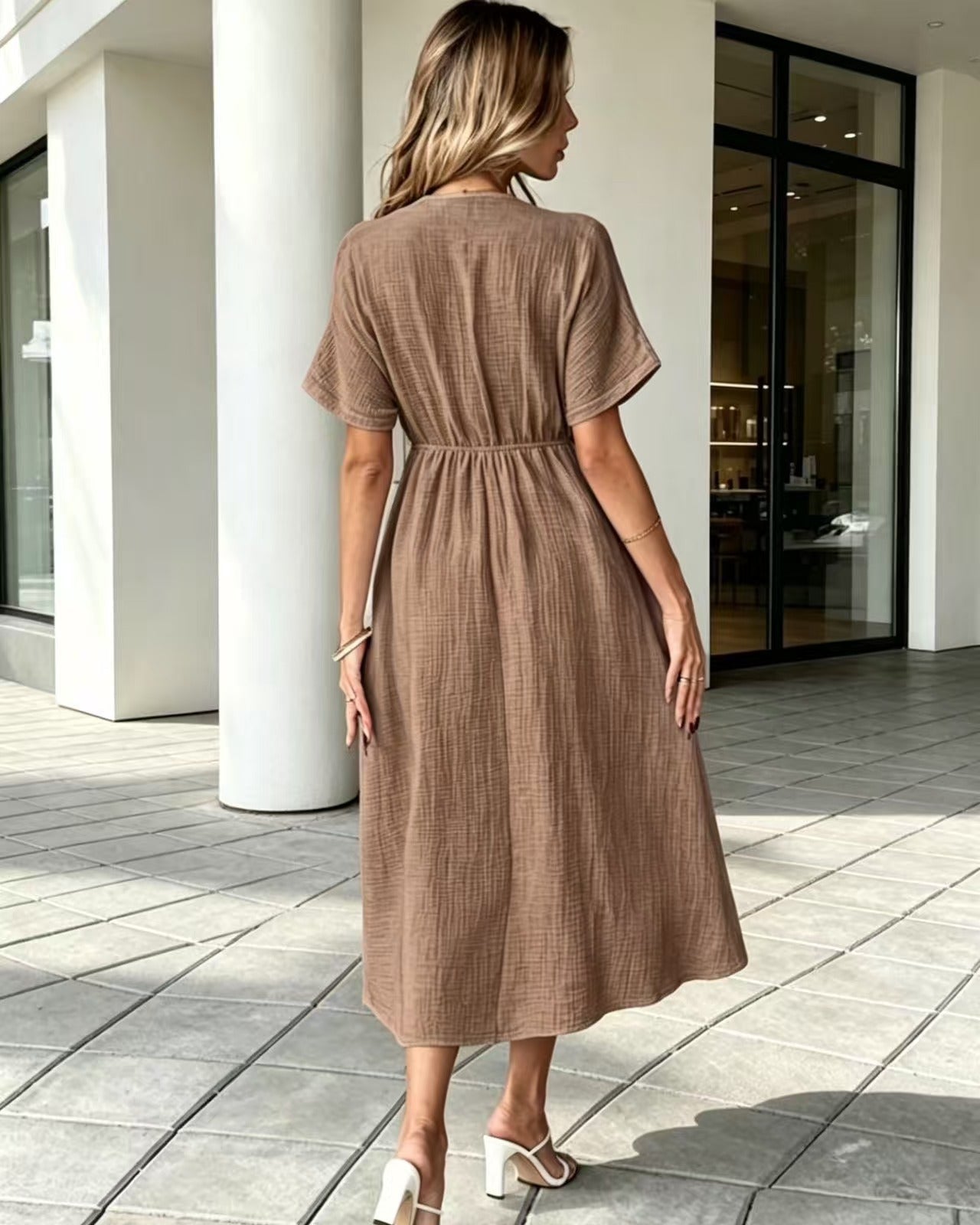 V-Neck Tie Front Relaxed Midi Dress – Short Sleeve Casual Linen-Look | Oyese