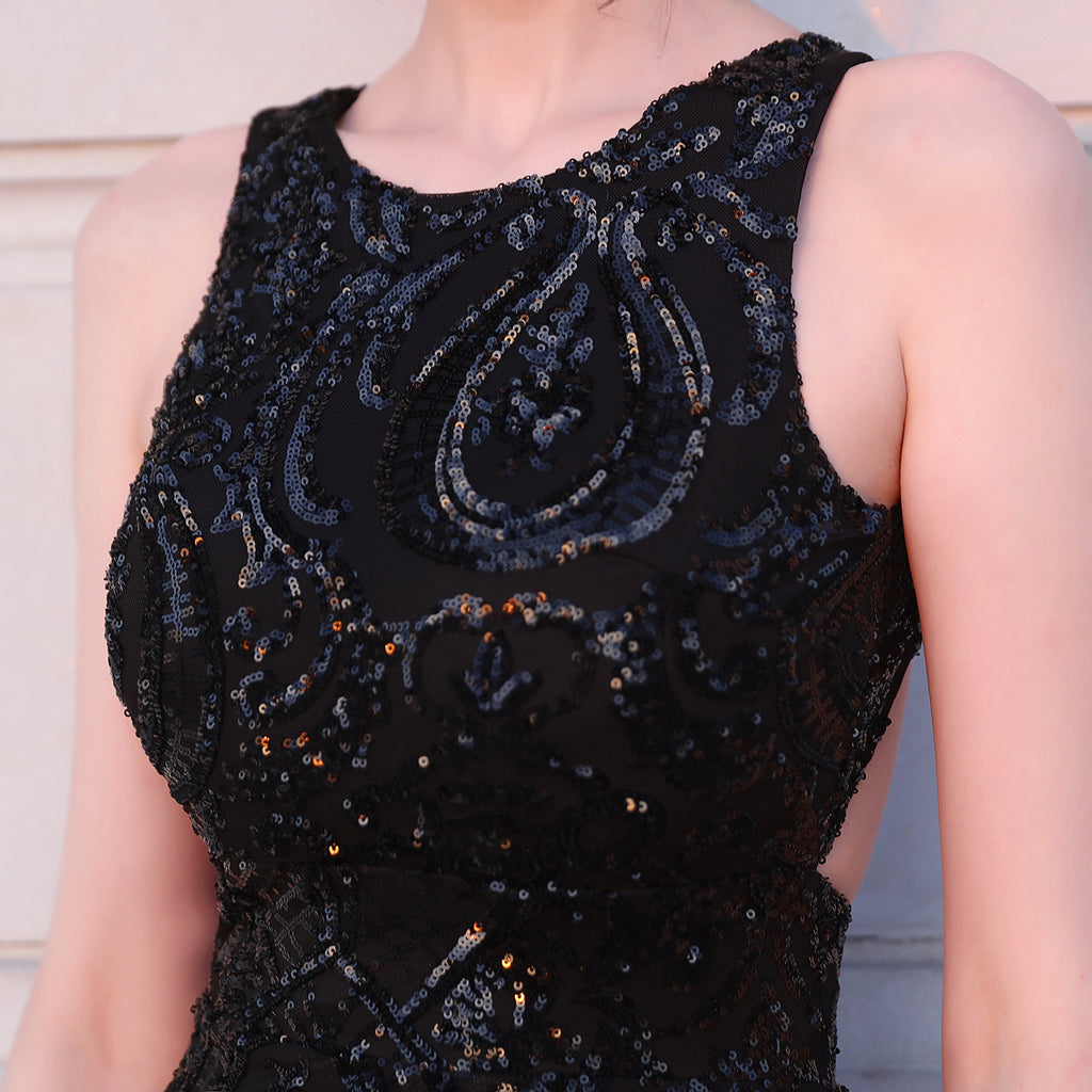 Art Deco Sequin Mermaid Evening Gown - Round Neck | Oyese