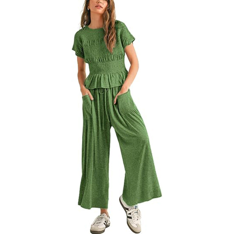 Women's 2-Piece Smocked Top & Wide-Leg Pants Set