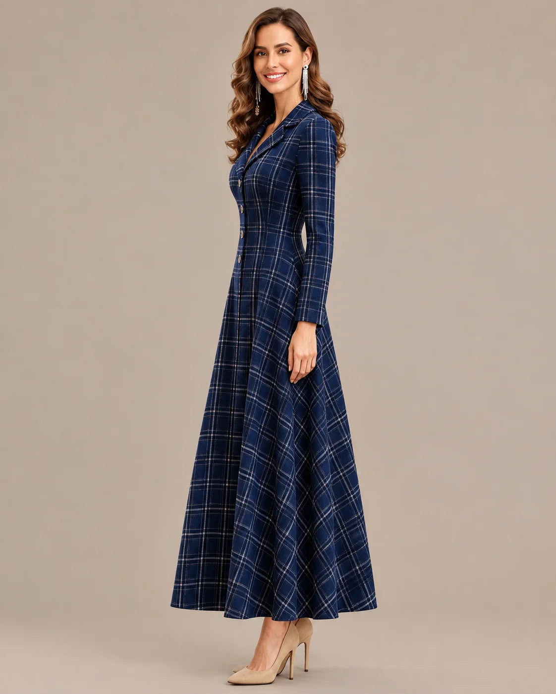 Notched Lapel Plaid Button Front A-Line Maxi Dress | Oyese