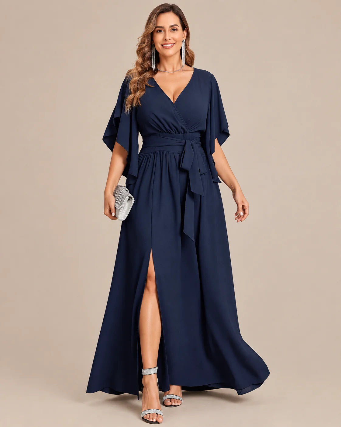 Plus Size Wrap V-Neck Flutter Sleeve Slit Maxi Dress | Oyese