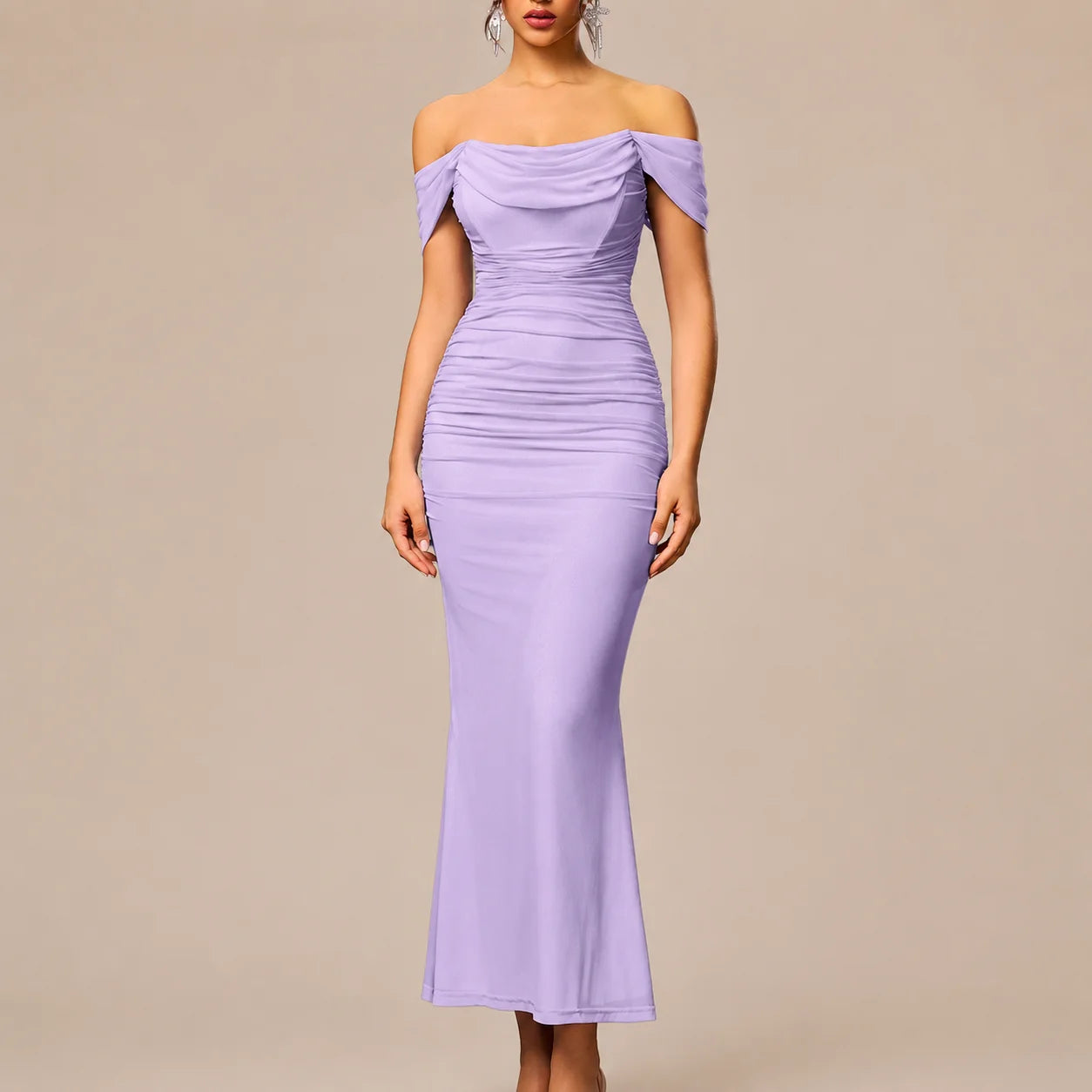 Off-Shoulder Ruched Mesh Bodycon Maxi Dress – Mermaid Evening Gown | Oyese