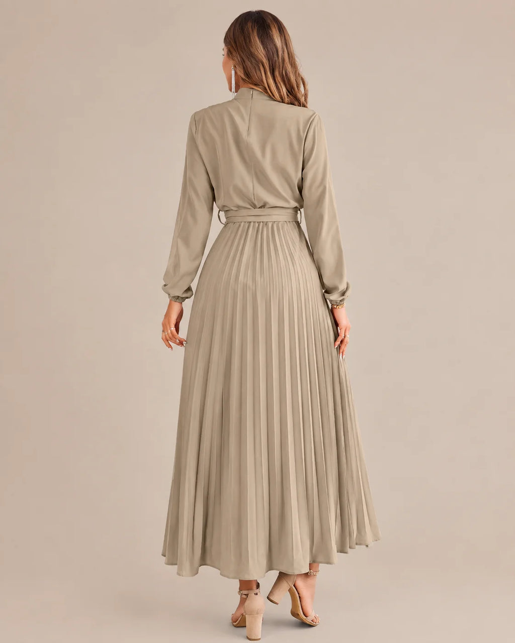 Ruffled Mock Neck Belted Pleated Midi Dress | Oyese