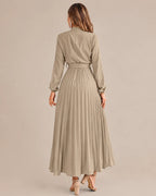 Ruffled Mock Neck Belted Pleated Midi Dress | Oyese