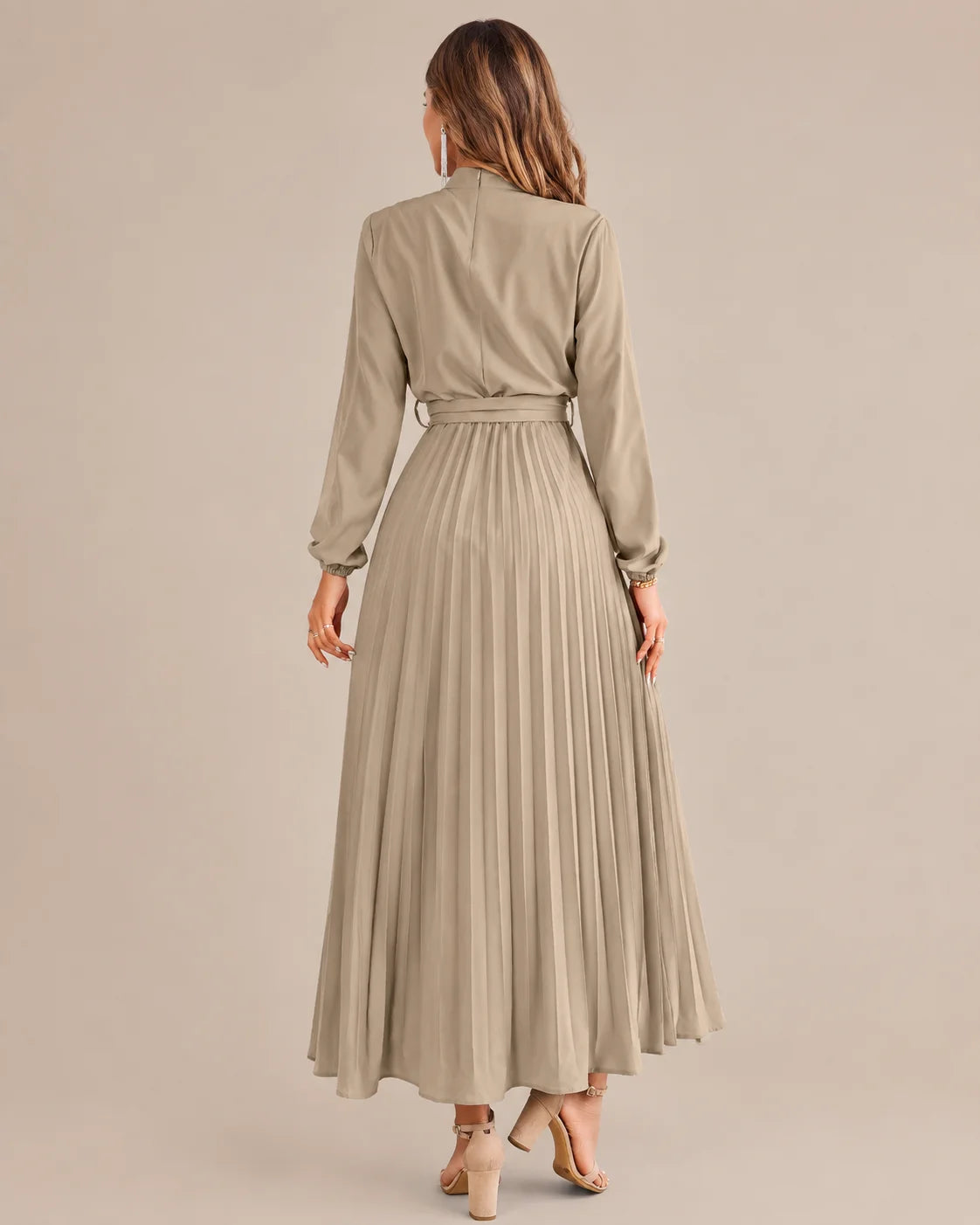 Ruffled Mock Neck Belted Pleated Midi Dress | Oyese