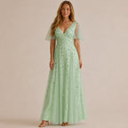 Deep V-Neck Sequin Tulle A-Line Gown – Flutter Sleeve Formal Evening Dress | Oyese