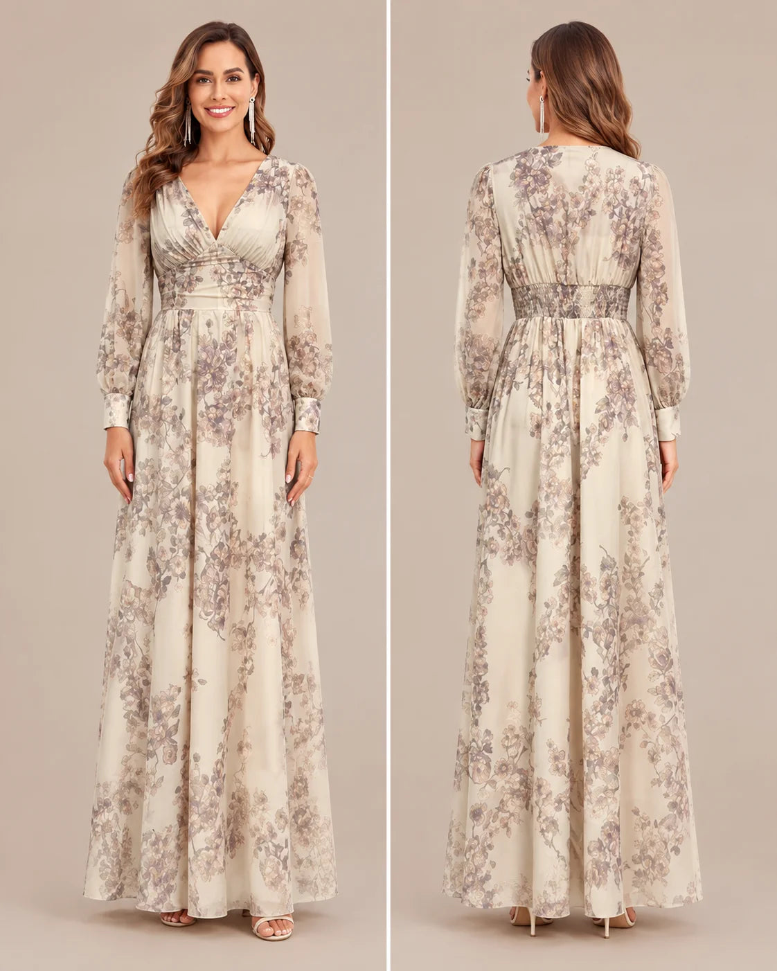 Floral V-Neck Puff Sleeve Smocked Maxi Dress | Oyese