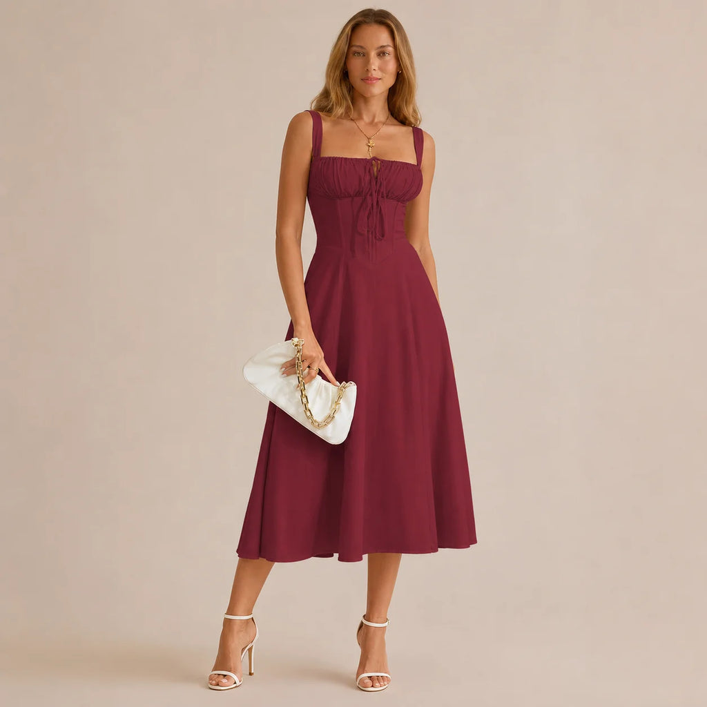 Square Neck Tie Front A-Line Midi Dress – Floral & Solid Summer Dress | Oyese