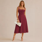 Square Neck Tie Front A-Line Midi Dress – Floral & Solid Summer Dress | Oyese