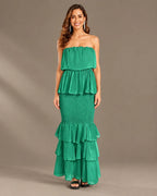 Strapless Pleated Tiered Ruffle Fitted Maxi Dress | Oyese