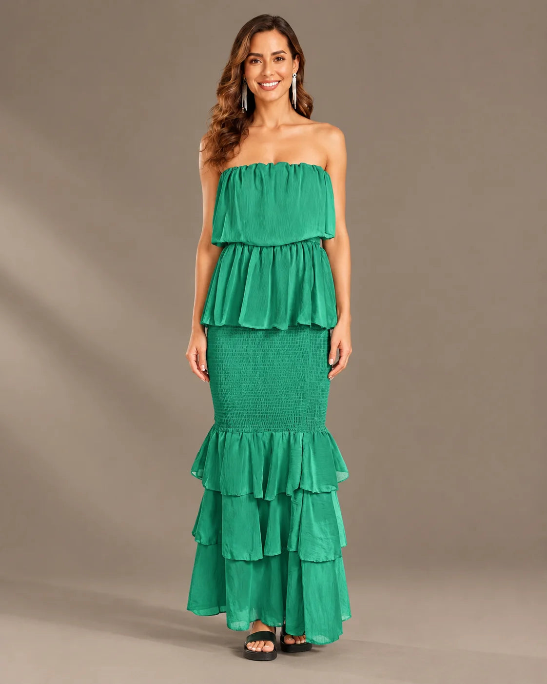 Strapless Pleated Tiered Ruffle Fitted Maxi Dress | Oyese