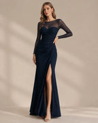 Illusion Neckline Sheer Sleeve Side Ruched Maxi Dress with Slit | Oyese